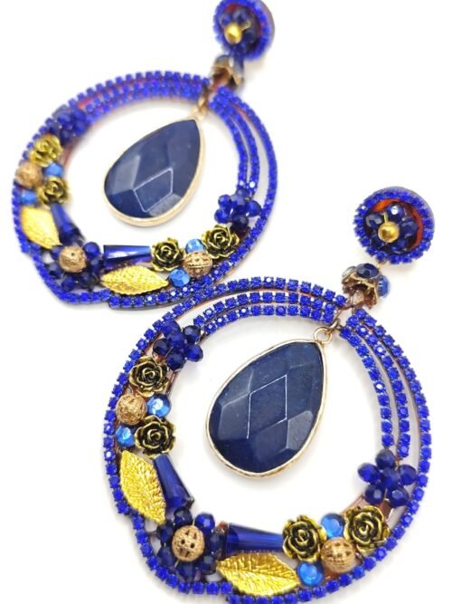 Pendientes Ana de flamenca con tres aros y lágrima central Azul