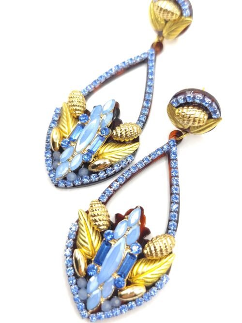 Pendientes de Fiesta Melisa – Gota Arabesca con Cristal Checo y Hojas Doradas Hechos a Mano