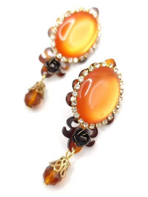 Pendientes de fiesta naranjas Cayetana de carey con piedra de resina y cristal checo